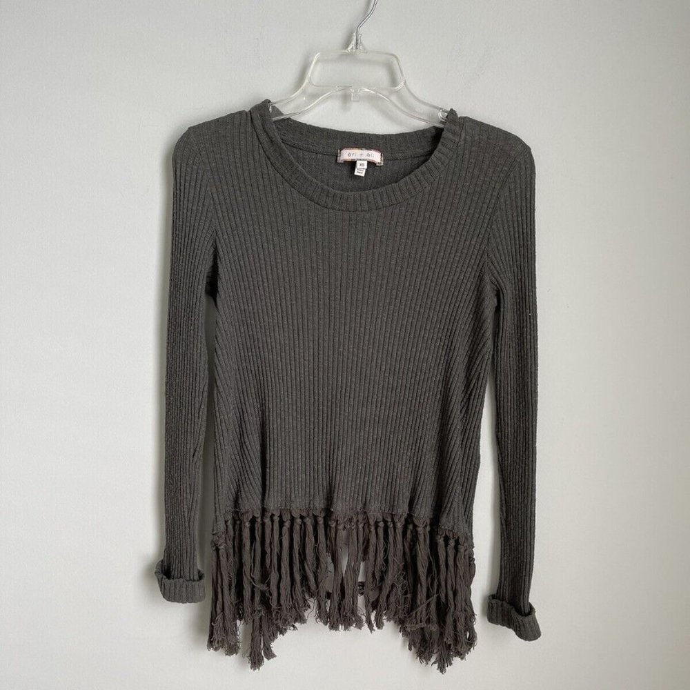 Anthropologie Eri + Ali Green Long Sleeve Malla Tassel Fringe Top